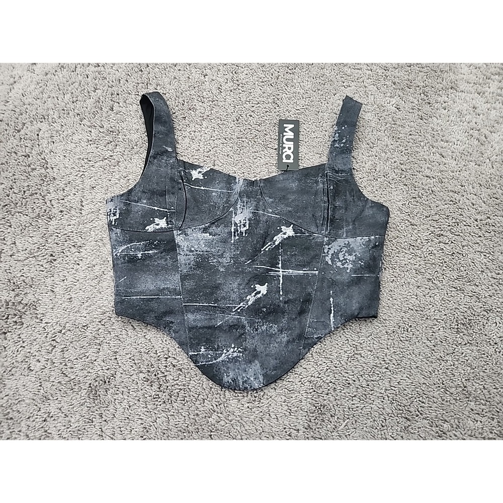 Murci Crop Corset Top Womens 8 Black Gray Distress Print Edgy Festival Y2k NEW